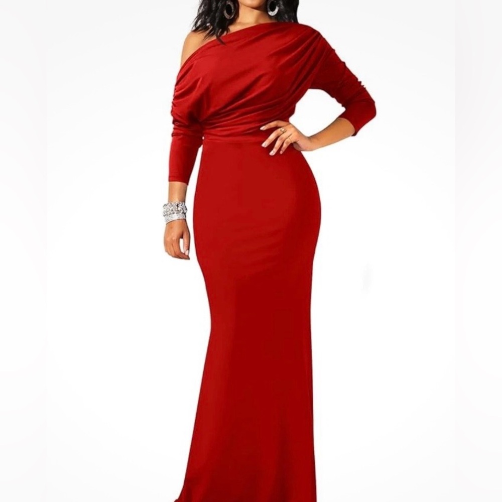 Elegant One-Shoulder Red Dress Stretchy